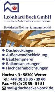 Banner der Bock GmbH in Wetter mit Leistungsübersicht und Kontaktdaten für Dach-, Balkon- und Sanierungsarbeiten.
