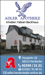 Banner der Adler-Apotheke Herdecke mit Kontaktdaten, Öffnungszeiten und Leistungen wie Beratung, Medikamente und Gesundheitsservices.