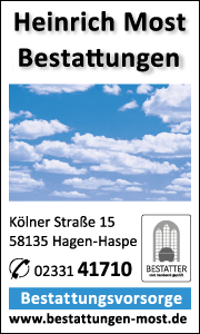 Werbebanner Bestatter Heinrich Most in Hagen mit Logo, Kontaktdaten und Leistungsinfos – professionelle Bestattungsbegleitung.