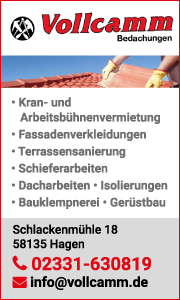 Banner von Vollcamm Bedachungen GmbH in Hagen mit Kontaktdaten, Dachsanierung, Dacheindeckung und Sturmschaden-Service.