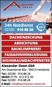 Banner mit Leistungsübersicht und Kontaktdaten von Dachdecker Skeet in Herdecke für professionelle Dacharbeiten.