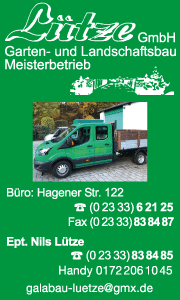 Banner mit Leistungen und Kontaktdaten für Garten- und Landschaftsbau in Ennepetal – Lütze GmbH Serviceübersicht.