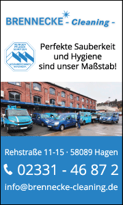 Banner zeigt Kontaktdaten und Gebäudereinigungsleistungen in Hagen, inklusive Büroreinigung, Glasreinigung und professioneller Gebäudepflege.