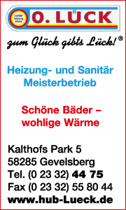 Banner der Firma Lück in Gevelsberg mit Kontaktdaten und Übersicht der Heizungs- und Sanitärleistungen.