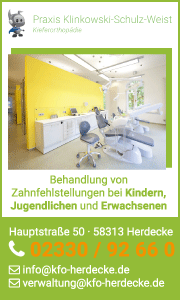 Banner der KFO Praxis mit Kontaktdaten, Leistungen der Kieferorthopädie und Informationen zur Behandlung in Herdecke