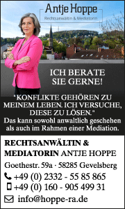 Banner zeigt Rechtsanwältin und Mediatorin Antje Hoppe in Gevelsberg mit Leistungen, Beratung und rechtlicher Unterstützung.