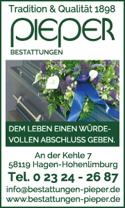 Werbebanner von Bestattungen Pieper in Hagen mit Kontaktdaten, Leistungsübersicht und Hinweis auf Vorsorgevertrag und Bestattungsvorsorge.